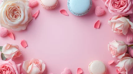 Crédence de cuisine en verre imprimé Macarons 春をイメージしたバラとマカロンの華やかなフレーム