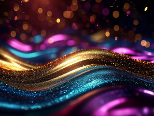 Glitter Colorful Golden Wave Stripes Design. Shiny moving lines design element with bokeh effect background