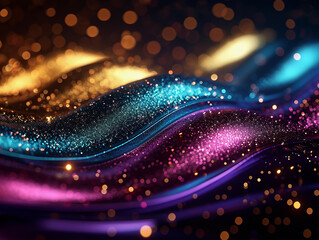 Glitter Colorful Golden Wave Stripes Design. Shiny moving lines design element with bokeh effect background