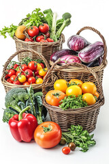 Assorted organic vegetables and fruits in wicker basket isolated on white background