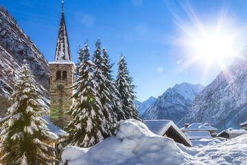 The beautiful village of Alagna Valsesia, during winter season with snow, Valsesia, Sesia valley,...