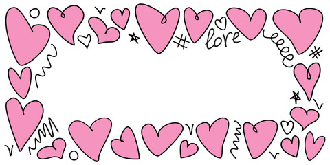 Vector frame, border from hand drawn pink outline hearts. Simple freehand scribble background, decoration for Valentine's day, romantic design