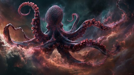 Realms of cosmic horror with the chilling presence of an alien octopus, reminiscent of a grim and dark old god.  - obrazy, fototapety, plakaty
