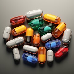 Multiple colorful capsules on a silver background