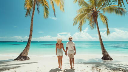 Fototapeta na wymiar young couple in love against the background of tropical beach and ocean