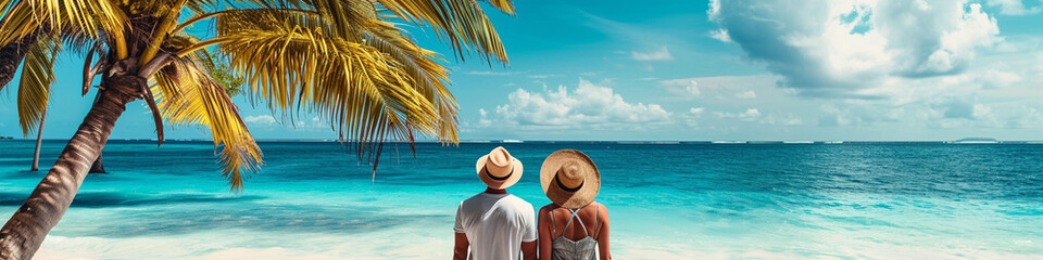 young couple in love against the background of tropical beach and ocean - obrazy, fototapety, plakaty