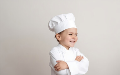 curly-haired child in a chef's costume, smiling, on a light background, space for text 