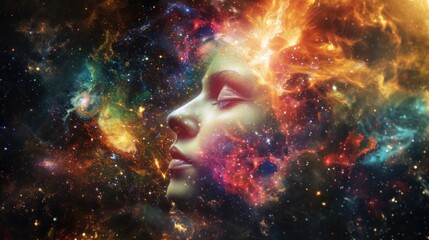 Awakening of the Goddess in the style of cosmic abstract art, which takes place in the vastness of the universe. A woman's face against the background of cosmic reality.