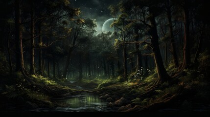 dark mysterious forest panorama, fantasy landscape. Neural network AI generated art