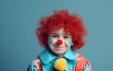 child in a clown costume, smiling, on a light blue background, space for text 