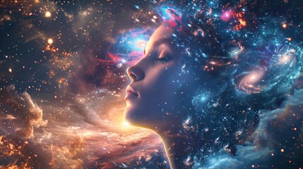 Awakening of the Goddess in the style of cosmic abstract art, which takes place in the vastness of the universe. A woman's face against the background of cosmic reality.