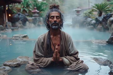 A man sitting in the water practicing yoga , enjoying meditation