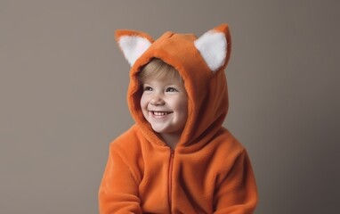 child in a fox costume with a tail, smiling, on a light background, space for text 