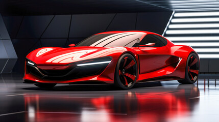 A sleek modern red sports car elegantly parked in a garage