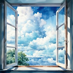 Cloudy day. A watercolor style open window. AI generate illustration