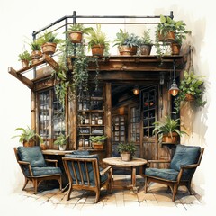 Fototapeta na wymiar Coffee shop vibes in watercolor style. AI generate illustration
