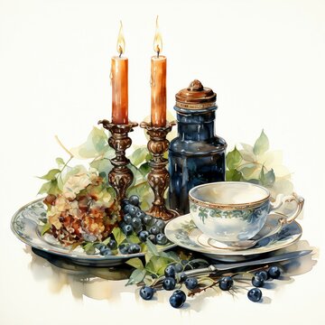 Candlelit dinner in watercolor style. AI generate illustration