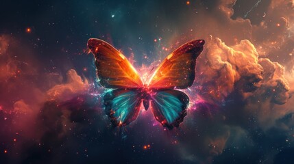 Ethereal beauty of an abstract butterfly concept set against a backdrop of nebula dust in infinite space.  - obrazy, fototapety, plakaty