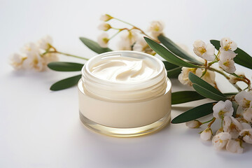 Obraz na płótnie Canvas A white cosmetic jar, filled with facial cream and enriched by herbal flowers, emphasizing natural beauty products