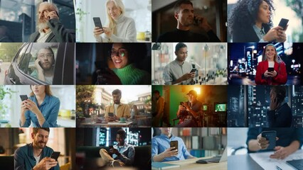 Split Screen Collage of Diverse Group of People Using Smartphones. Multiethnic Professionals, Businesspeople, Workers Using Mobile Phones for Calls, Connectivity, Creators. Multi Screen Connection - Powered by Adobe