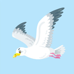 White seagull flies in the sky. In cartoon style. Isolated on blue background. Vector flat illustration
