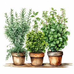 Homegrown herbs in potted in watercolor style. AI generate illustration
