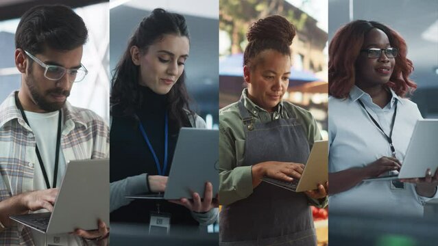 Split Screen Collage of Four Diverse People Working on Laptops. Multiethnic Professional Entrepreneurs Using Computers. Vertical Multi Screen Montage.  Productivity, Connectivity, International Unity