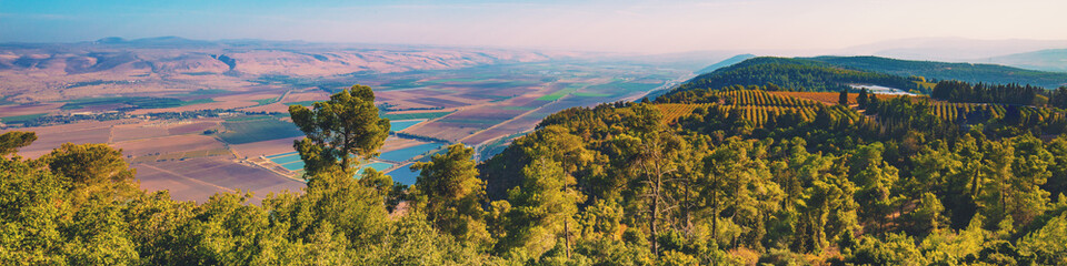Breathtaking view from Mount Menara of the valley in Northern Israel. Horizontal banner