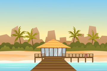 Fototapeta premium Beach hut or bungalow on tropical island resort. Vector illustration.