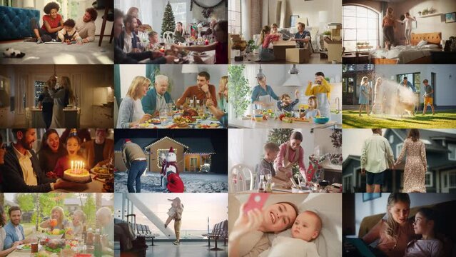 Split Screen Collage of Diverse Families Spending Time Together. Sweet Moments of Happiness, Celebrations, Tenderness, Dinners, Anniversaries and Cheerfulness. Multi Display Montage Concept