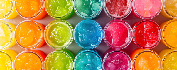 Summer concept - colorful slush drinks, vacation vibe, top view