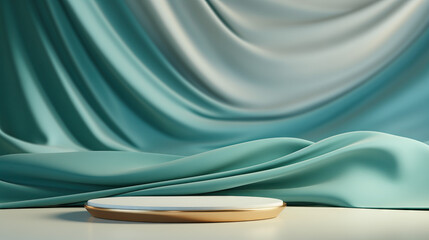 Product presentation with a stone plinth in the middle large green pastel cloth wavy on background.