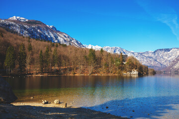 Mountain lake with reflection. Nature landscape. Lake Bohinj, Slovenia, Europe
