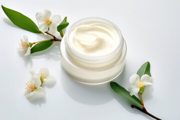 Fototapeta na wymiar Cosmetic skincare: herbal decorated facial cream, promoting natural beauty