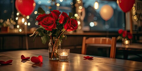 Romantic Date Night with Red Roses and Heart Balloons in a Cozy Candlelit Setting - Love and Warmth - Soft Focus and Warm Lighting - Capturing the Intimacy with Gentle Shadows and Glowing Highlights