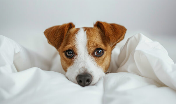 Tiny Jack Russel terrier puppy on the white bed close up. Dog pet