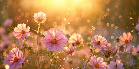 Soft Pink Wildflowers Basking in Golden Light - Nature's Serenade - Sunlit Meadow with a Gentle Breeze - Infusing Warmth with Soft Sunbeams and Subtle Highlights