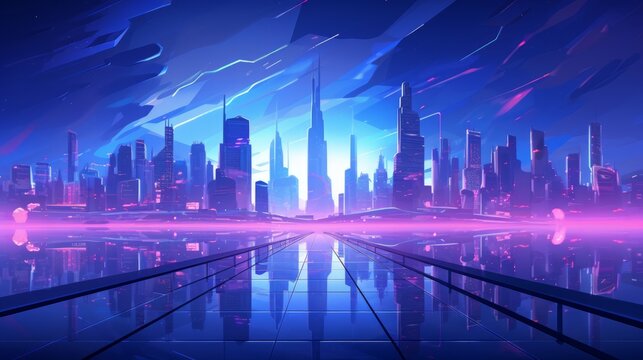 Futuristic night city. Cityscape on a colorful background with bright and glowing neon lights. Neural network AI generated art Neural network AI generated art