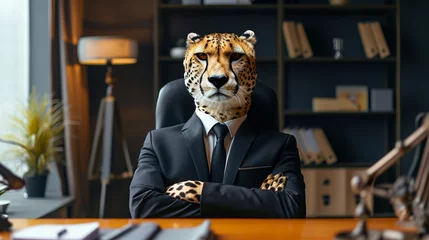 Fotobehang a tiger in a suit in the office. concept director with tiger character © Anna