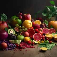 A pile of fruit sitting on top of a wooden table