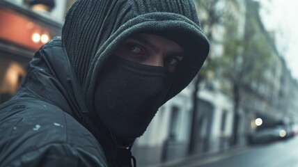 Street Robber in Balaclava, Engaging in Covert Activities on a London Street