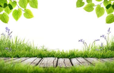 A blank fresh, lush green spring, summer product display background template with a rustic wooden...
