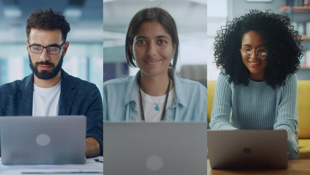Split Screen Collage of Diverse Group of People Working on Laptops. Multiethnic Professionals, Entrepreneurs, Creators Using Computers, Creating Content, Manging Social Media. Productive Connectivity