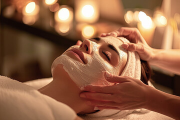 mujer joven tumbada y relajada llevando una mascarilla facial y  recibiendo un tratamiento de belleza en su cara mediante un masaje de manos, en salón de masaje decorado con velas encendidas
