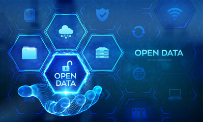 Fototapeta premium Open data database icon in wireframe hand. Digital file storage system software. Online documentation database technology concept. DMS. Integration API. Vector illustration.