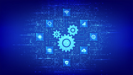 Automation Software. Gears icon made with binary code. IOT and Automation icons connections. Digital binary data and streaming digital code. Matrix background with digits 1.0. Vector Illustration.