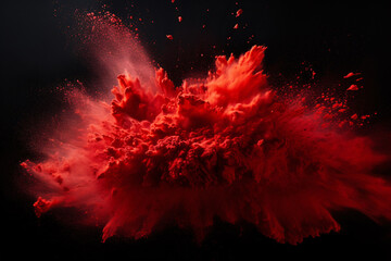 .Red Powder Explosion Abstract Against Dark Background