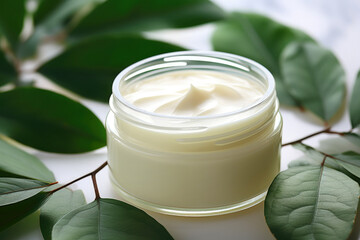 Obraz na płótnie Canvas An arrangement featuring a white cosmetic jar filled with herbal-infused moisturizing cream for facial skin, embodying the natural beauty concept