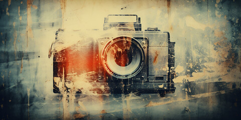 retro camera with autumn leaves and water drops on a dark background, Oil painting background old camera surreal photography, 
