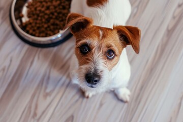 Cute small jack russell dog at home waiting to eat his food in a bowl